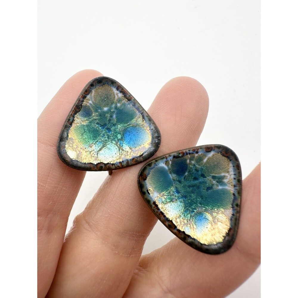 Vintage Hogan Bolas Blue Enamel Copper Modernist Abstract Screw Back Earrings